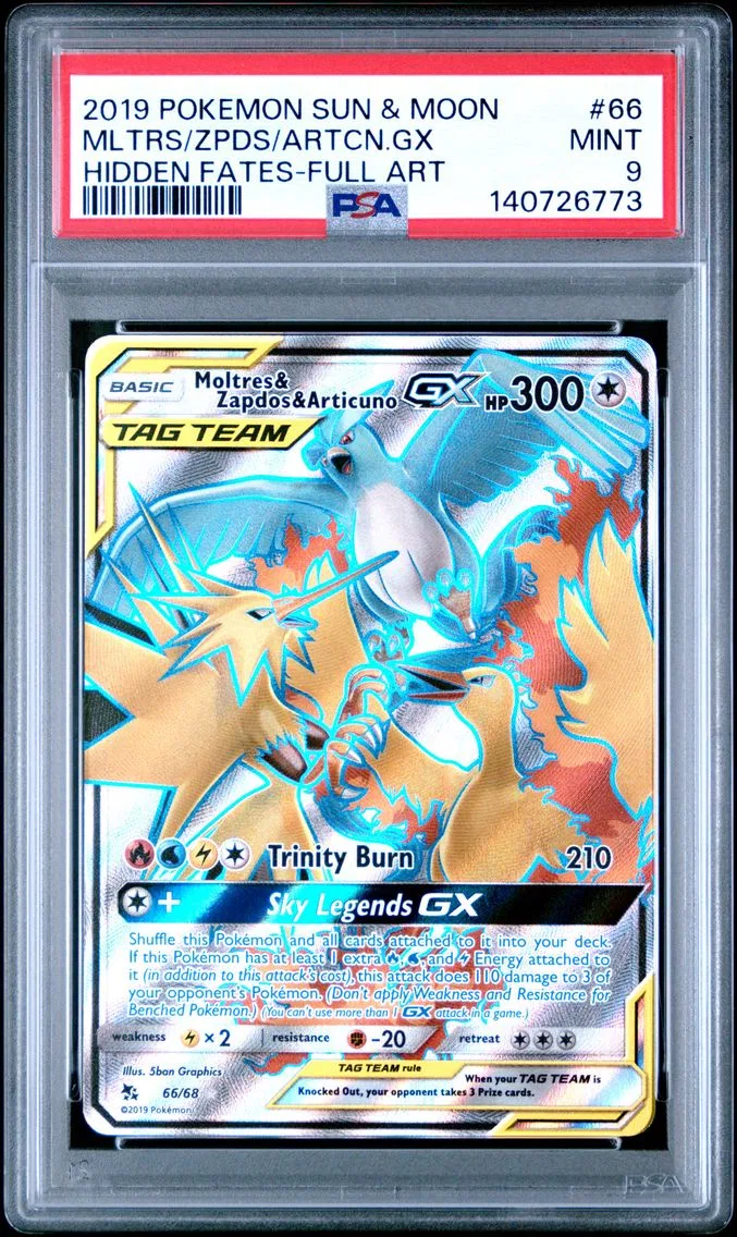 2019 #66 Full Art/Moltres & Zapdos & Articuno GX PSA 9 Sun & Moon Hidden Fates Pokemon