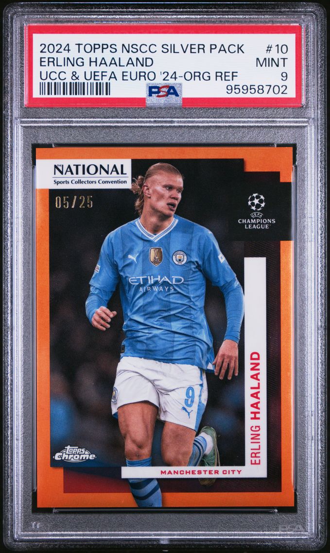 2024 #10 Erling Haaland PSA 9 Orange Refractor Topps National Sports Collectors Convention Silver Pack UEFA Club Competitions and UEFA Euro 2024 Soccer