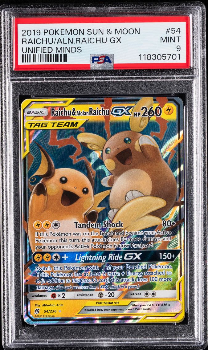 2019 #54 Raichu & Alolan Raichu GX PSA 9 Sun & Moon Unified Minds Pokemon