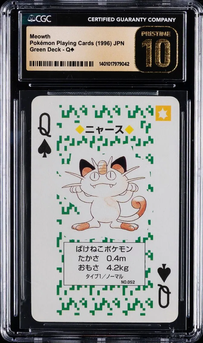 1996 #NA Meowth CGC 10 Perfect Pokemon Playing Cards | Green Deck - Q of Spades - Japanese