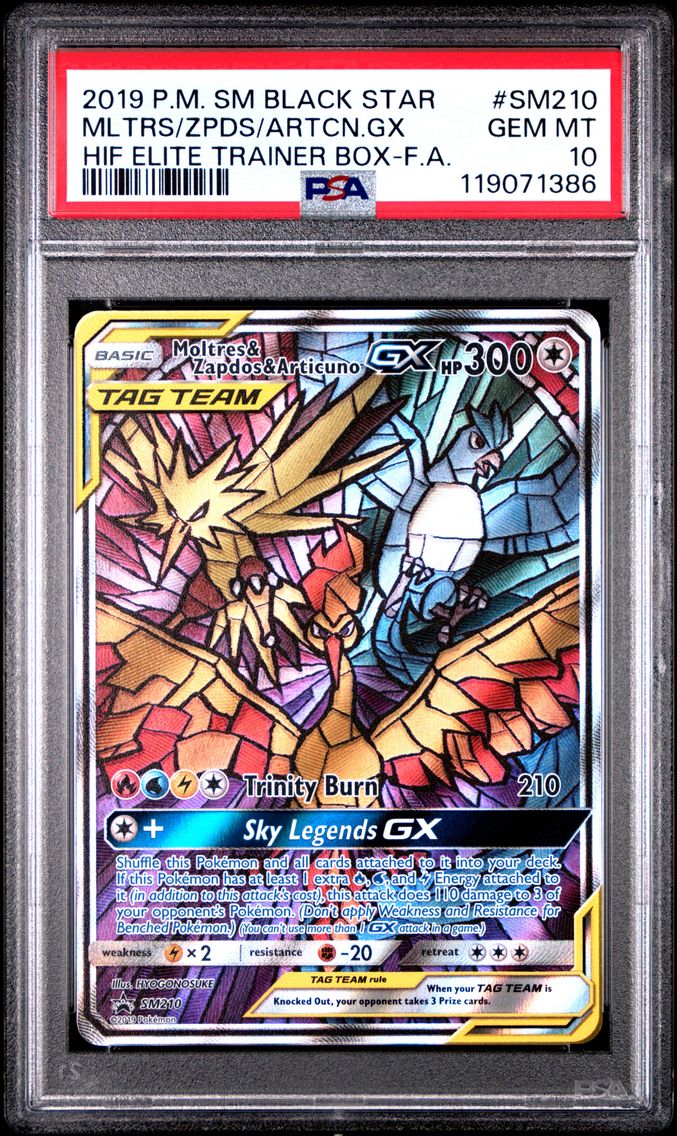 2019 #SM210 Full Art/Moltres & Zapdos & Articuno GX PSA 10 SM Black Star Promo Pokemon