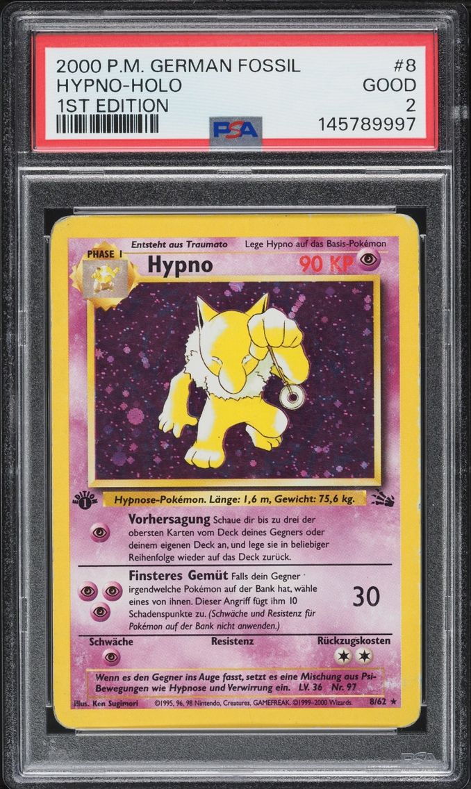 2000 Pokemon German Fossil 1st Edition Holo Hypno #8 PSA 2 GD