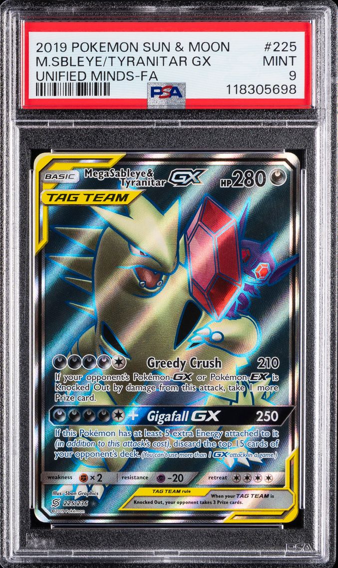 2019 #225 Full Art/Mega Sableye & Tyranitar GX PSA 9 Sun & Moon Unified Minds Pokemon