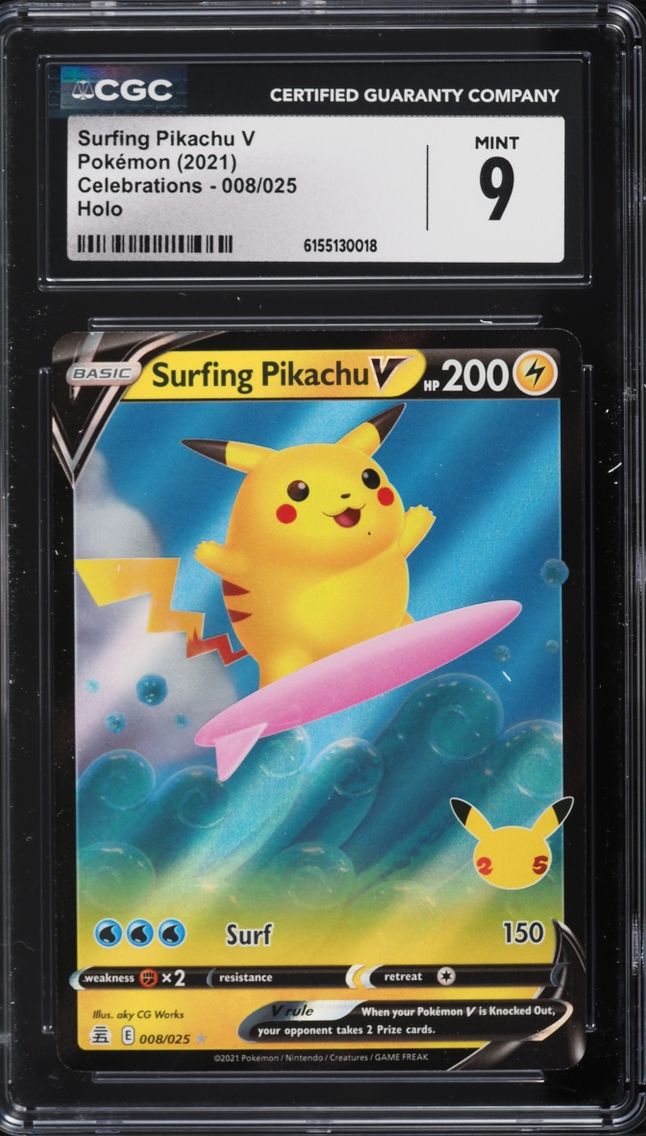 2021 Pokemon Sword & Shield Celebrations Holo Surfing Pikachu V #8 CGC 9 MINT