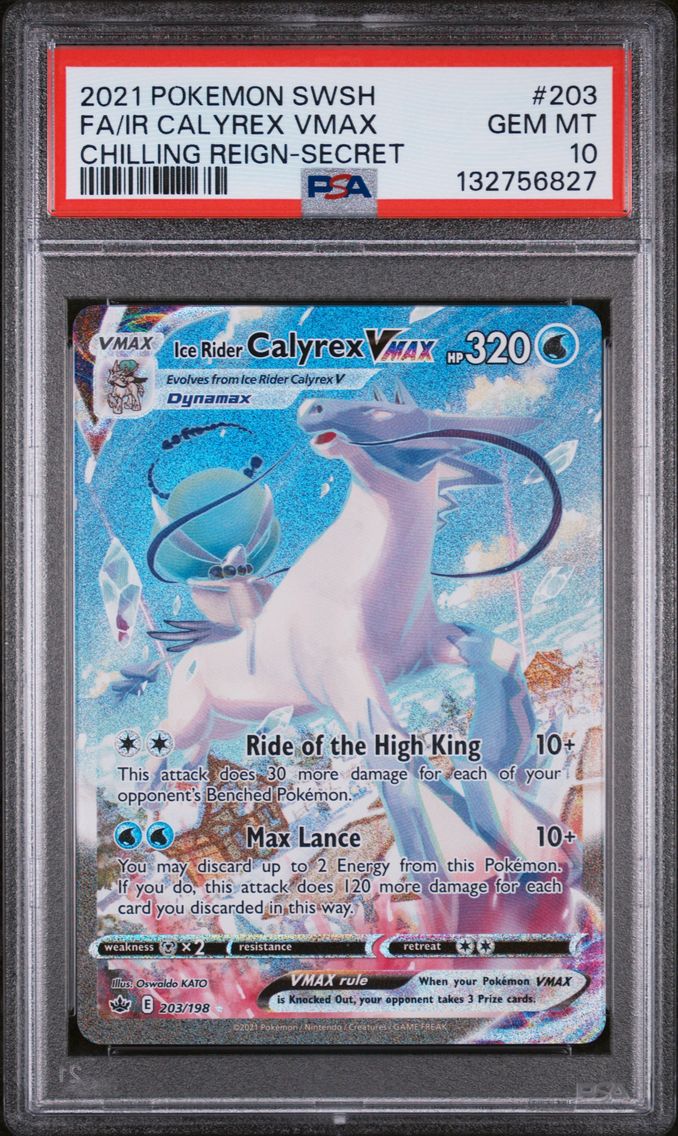 2021 #203 Full Art/Ice Rider Calyrex Vmax PSA 10 Sword & Shield Chilling Reign Pokemon
