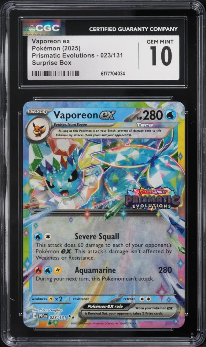 2025 Pokemon Scarlet & Violet Prismatic Evolutions Surprise Box Holo Vaporeon EX #23 CGC 10 GEM