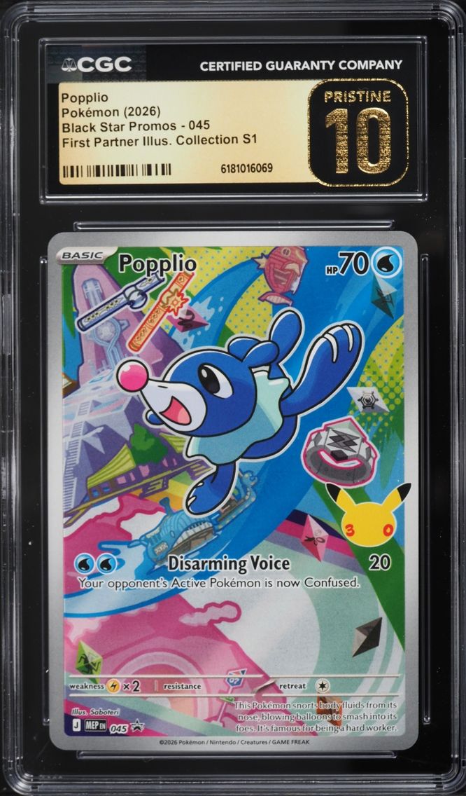 2026 Pokemon Mega Promo First Partner Illustration S1 Full Art Popplio #45 CGC 10 PRISTINE