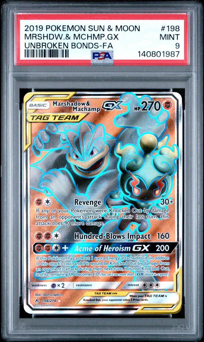 2019 #198 Full Art/Marshadow & Machamp GX PSA 9 Sun & Moon Unbroken Bonds Pokemon