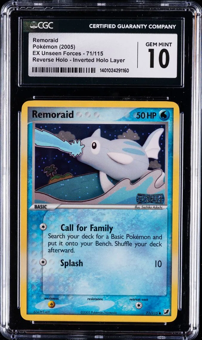 2005 #71 Remoraid CGC 10 Gem Mint Pokemon | EX Unseen Forces, Reverse Holo - Inverted Holo Lay