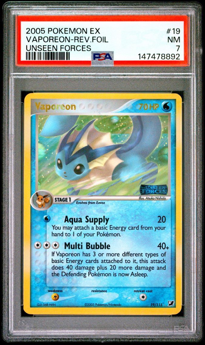 2005 #19 Vaporeon-Reverse Foil PSA 7 EX Unseen Forces Pokemon