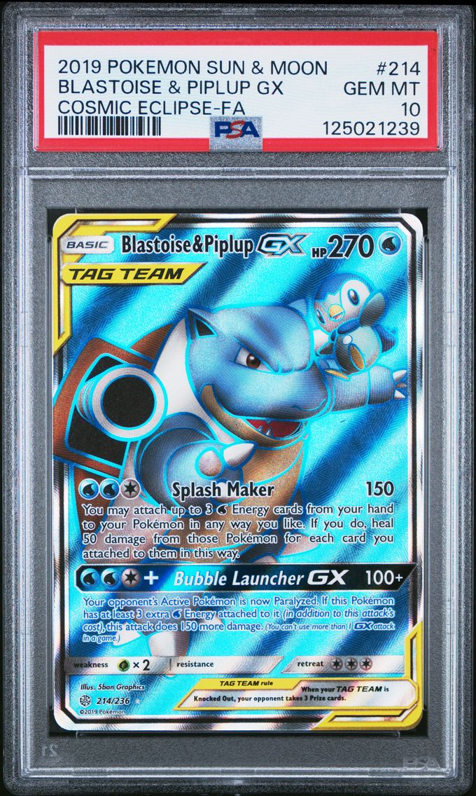 2019 #214 Full Art/Blastoise & Piplup GX PSA 10 Sun & Moon Cosmic Eclipse Pokemon