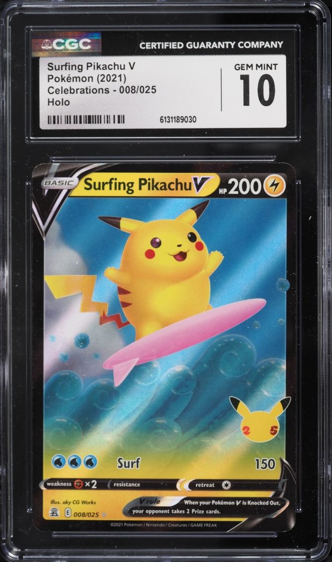 2021 Pokemon Sword & Shield Celebrations Holo Surfing Pikachu V #8 CGC 10 GEM MINT