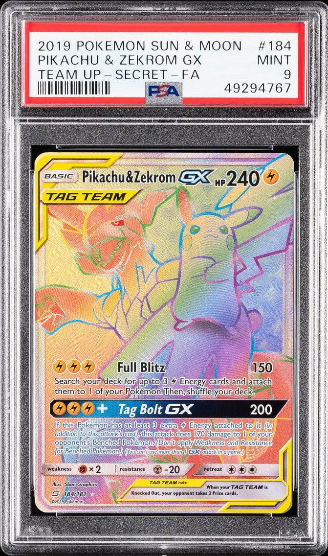 2019 #184 Full Art/Pikachu & Zekrom GX PSA 9 Sun & Moon Team Up Pokemon