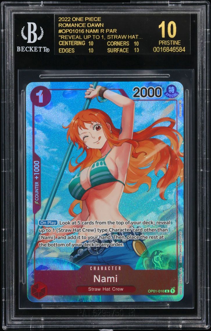 2022 #OP01016 Nami ALT ART R/("reveal up to 1..." BGS 10 One Piece Card Game Romance Dawn