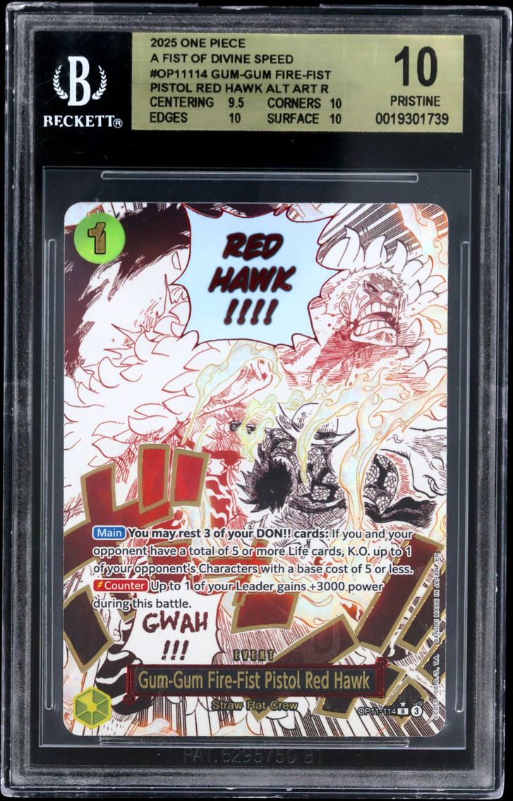2025 #OP11114 Gum-Gum Fire-Fist Pistol Red Hawk ALT ART R BGS 10 One Piece Card Game A Fist of Divine Speed