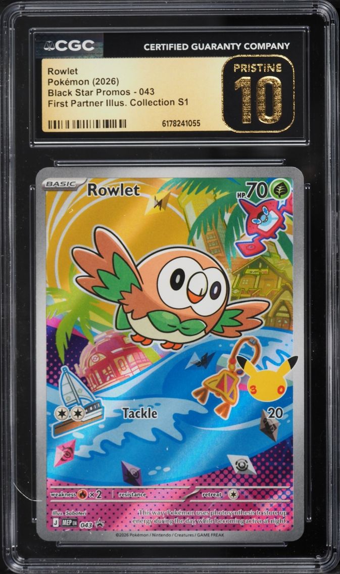 2026 Pokemon Mega Promo First Partner Illustration S1 Full Art Rowlet #43 CGC 10 PRISTINE