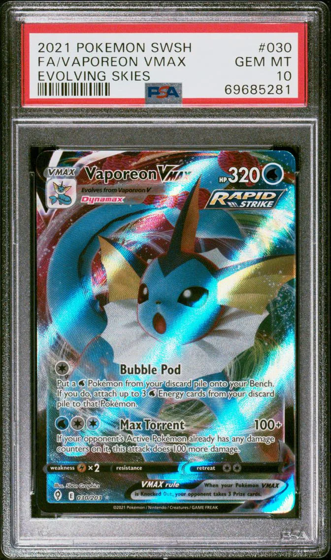 2021 #030 Full Art/Vaporeon Vmax PSA 10 Sword & Shield Evolving Skies Pokemon