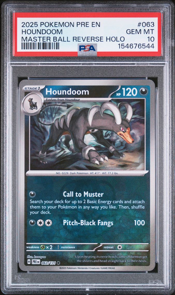 2025 #063 Houndoom Master Ball Reverse Holo PSA 10 Pre EN-Prismatic Evolutions