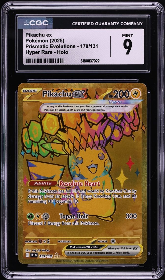 2025 Pokemon Scarlet & Violet Prismatic Evolutions Gold Rare Pikachu EX #179 CGC 9 MINT