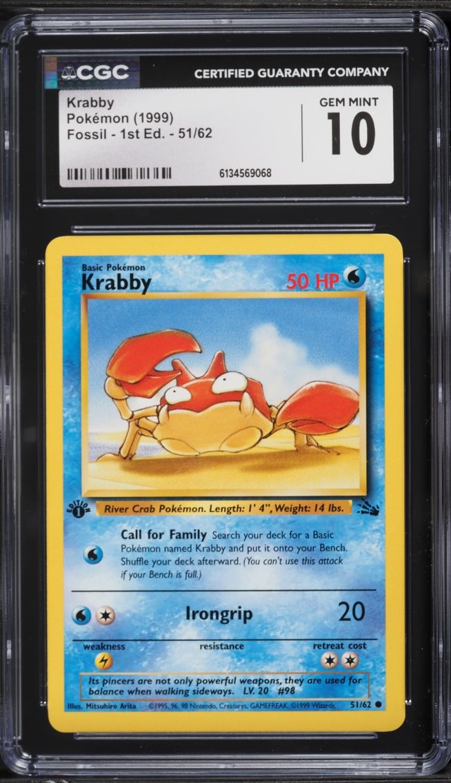 1999 Pokemon Fossil 1st Edition Krabby #51 CGC 10 GEM MINT