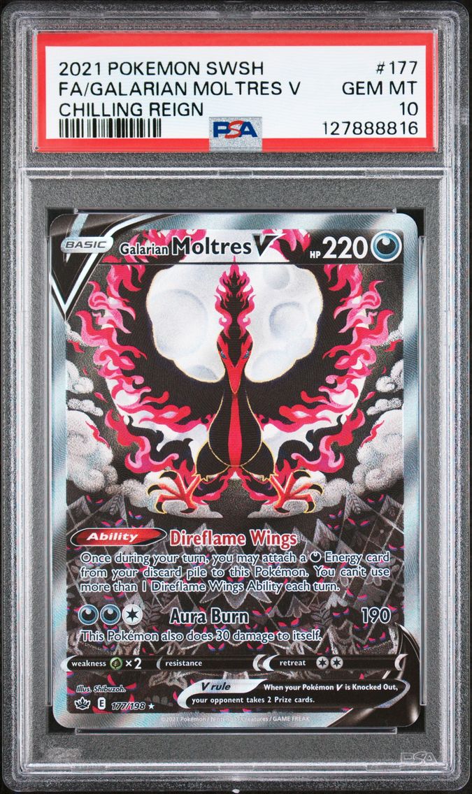 2021 #177 Full Art/Galarian Moltres V PSA 10 Sword & Shield Chilling Reign