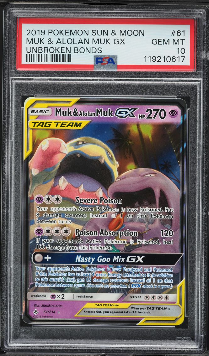 2019 #61 Muk & Alolan Muk GX PSA 10 Sun & Moon Unbroken Bonds Pokemon