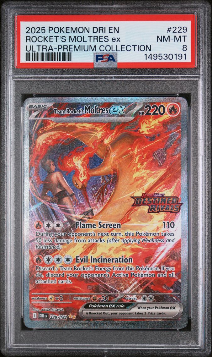 2025 #229 Team Rocket's Moltres EX PSA 8 Dri EN-Destined Rivals