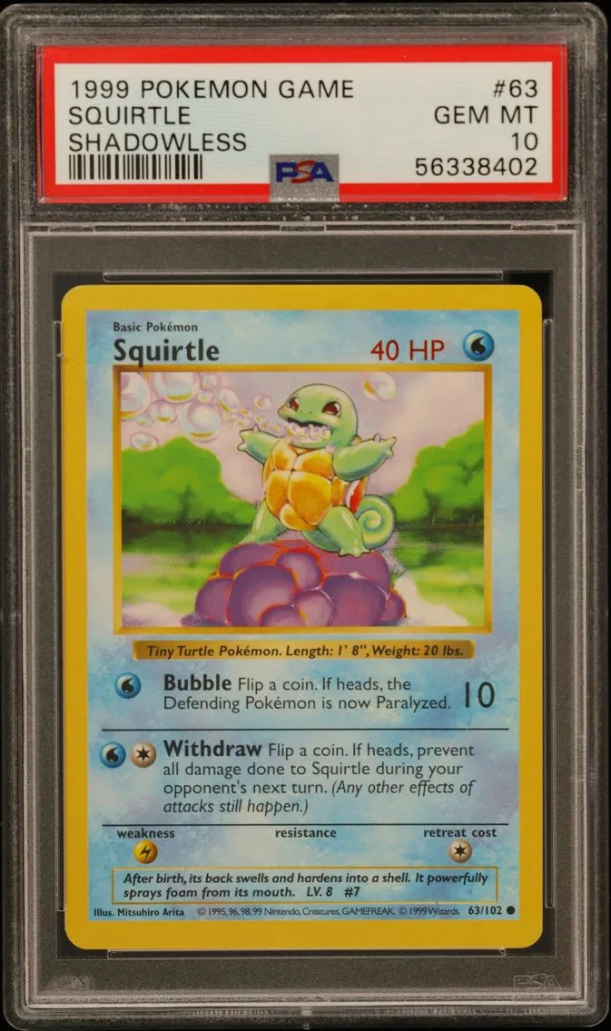 1999 #63 Squirtle PSA 10 Shadowless Pokemon Game Pokemon