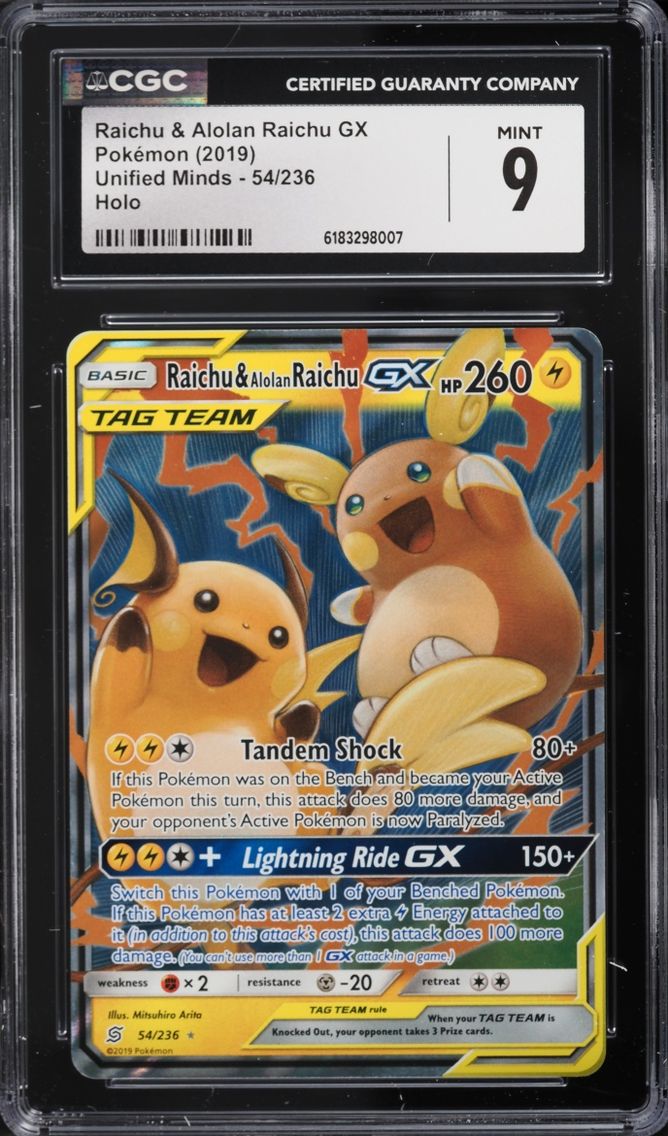 2019 Pokemon Sun & Moon Unified Minds Holo Raichu & Alolan Raichu GX #54 CGC 9 MINT