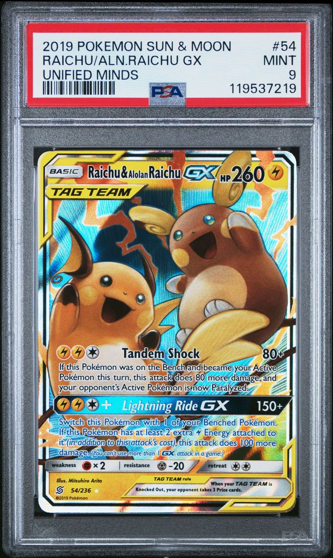 2019 #54 Raichu & Alolan Raichu GX PSA 9 Sun & Moon Unified Minds Pokemon
