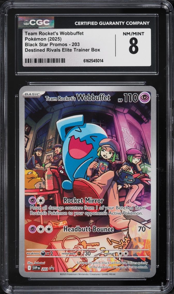 2025 Pokemon SV Promo Destined Rivals ETB Full Art Team Rocket's Wobbuffet #203 CGC 8 NM-MT
