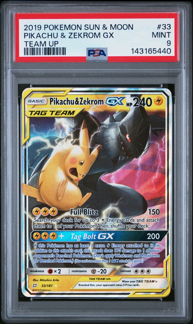 2019 #33 Pikachu & Zekrom GX PSA 9 Sun & Moon Team Up Pokemon
