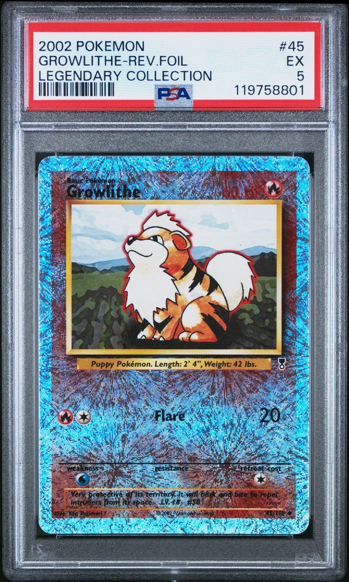 2002 #45 Growlithe-Reverse Foil PSA 5 Base Pokemon Legendary Collection Pokemon