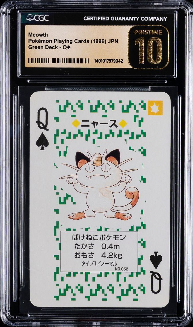 1996 #NA Meowth CGC 10 Perfect Pokemon Playing Cards | Green Deck - Q of Spades - Japanese
