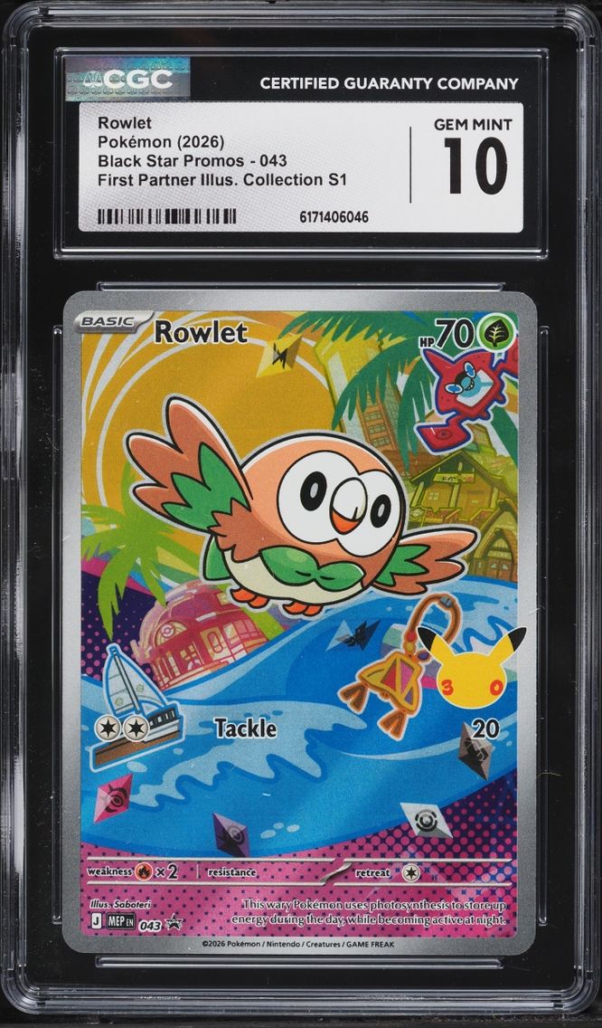 2026 Pokemon Mega Evolution Promo First Partner Illustration S1 Full Art Rowlet #43 CGC 10 GEM