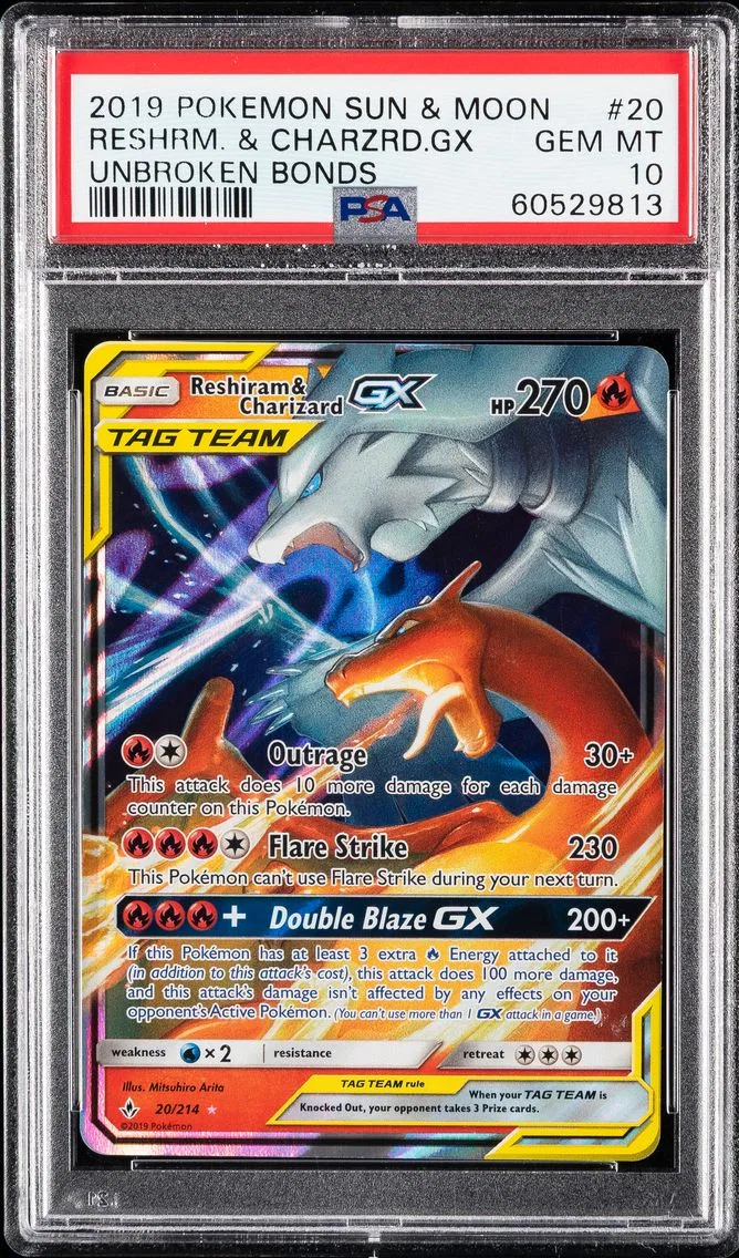 2019 #20 Reshiram & Charizard GX PSA 10 Sun & Moon Unbroken Bonds Pokemon
