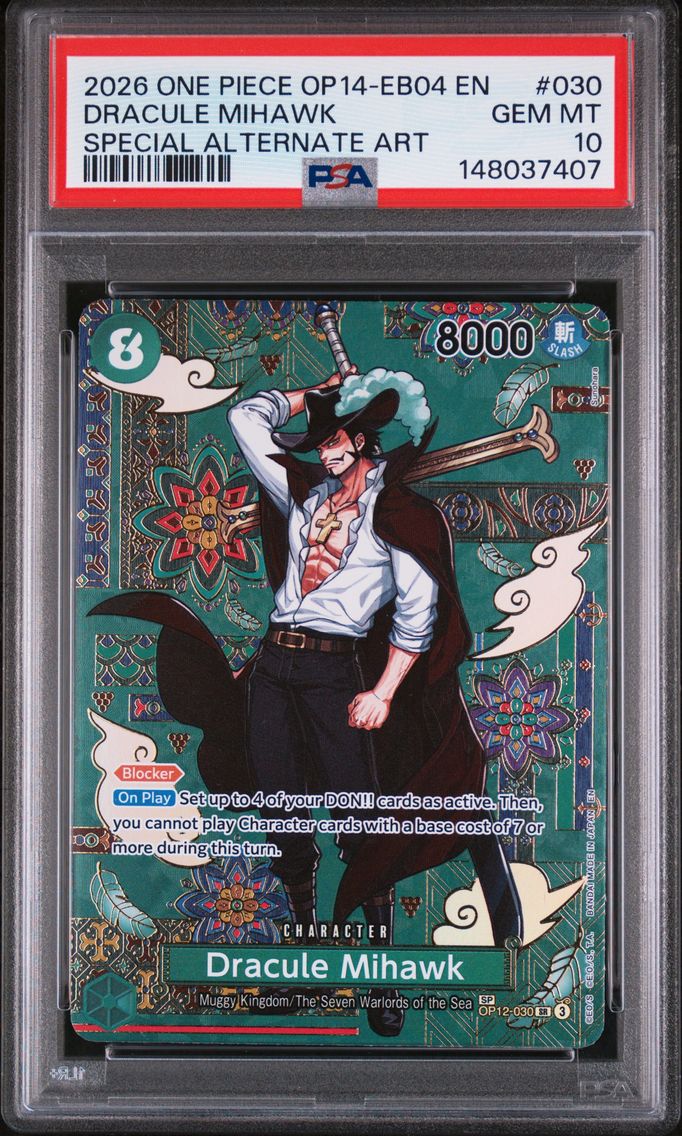 2026 #030 Dracule Mihawk PSA 10 One Piece OP14-EB04-the Azure Sea's Seven