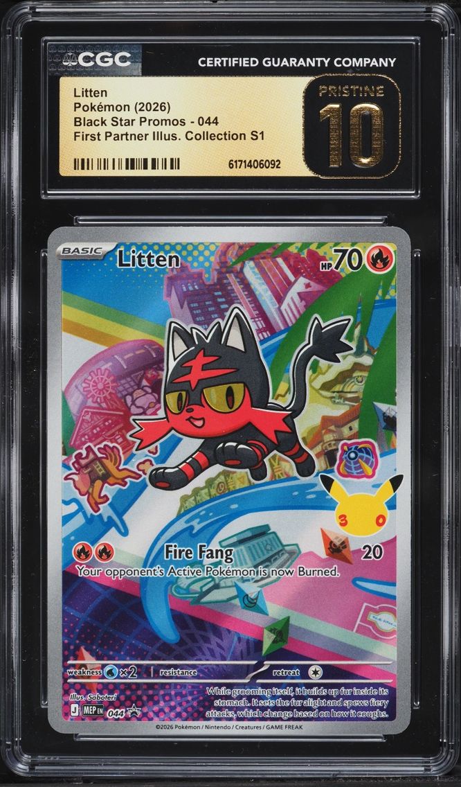 2026 Pokemon Mega Promo First Partner Illustration S1 Full Art Litten #44 CGC 10 PRISTINE