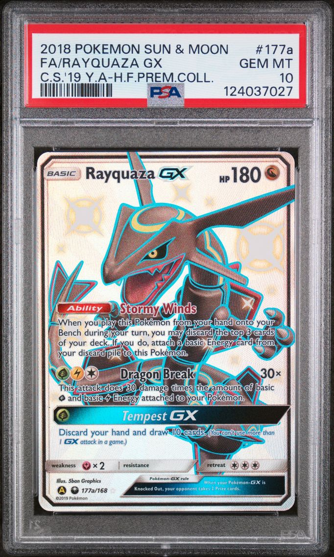 2018 #177a Full Art/Rayquaza GX PSA 10 Sun & Moon Celestial Storm Pokemon