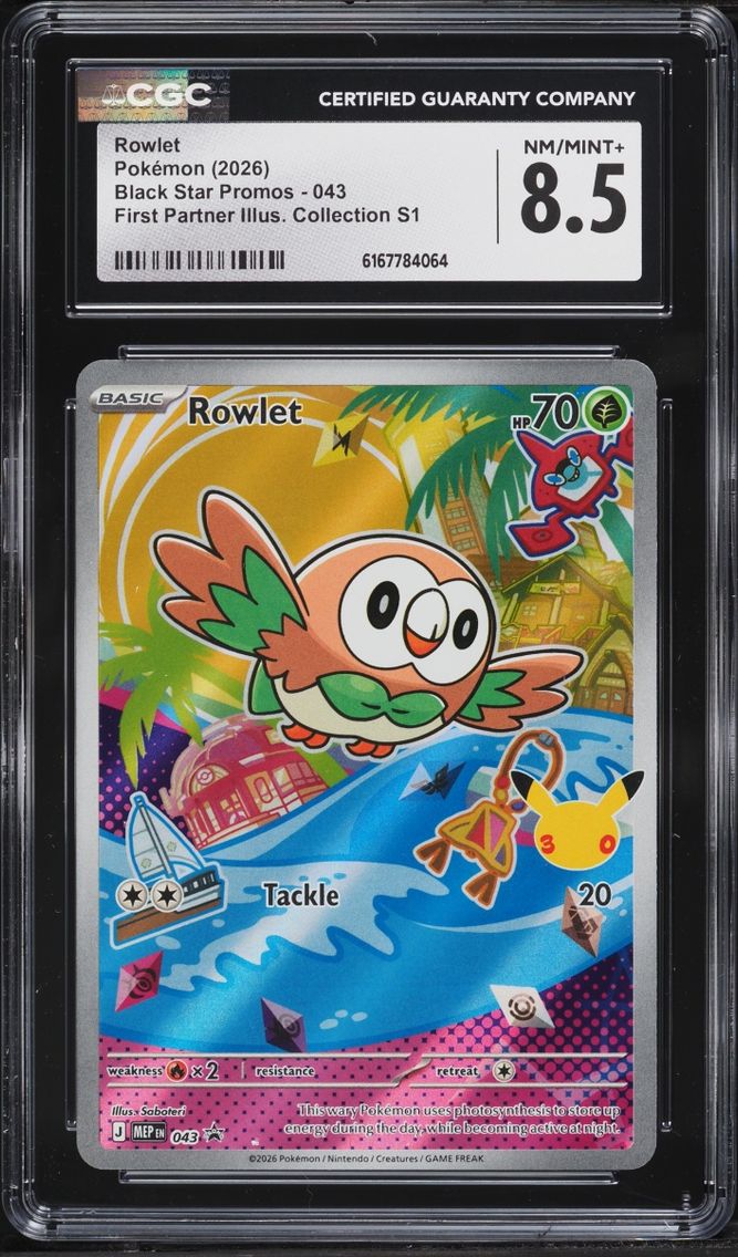 2026 Pokemon Mega Evolution Promo First Partner Illustration Full Art Rowlet #43 CGC 8.5 NM-MT+
