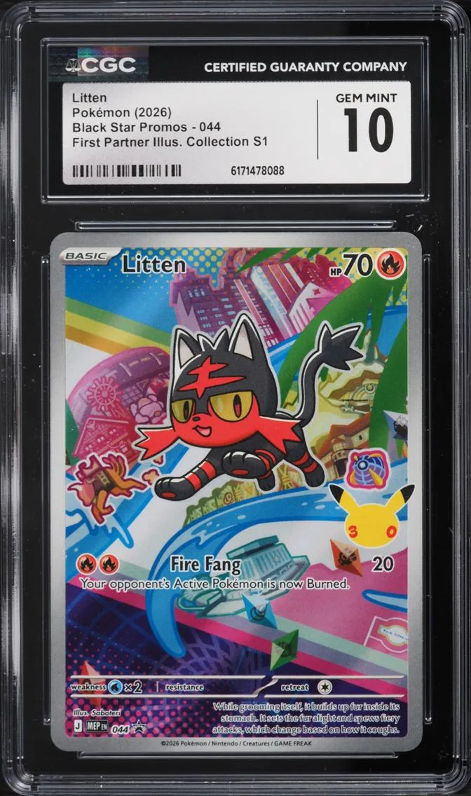 2026 Pokemon Mega Evolution Promo First Partner Illustration S1 Full Art Litten #44 CGC 10 GEM