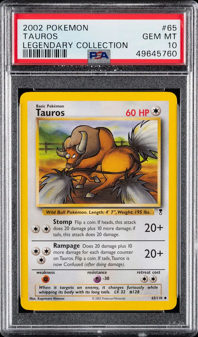 2002 #65 Tauros PSA 10 Legendary Collection Pokemon