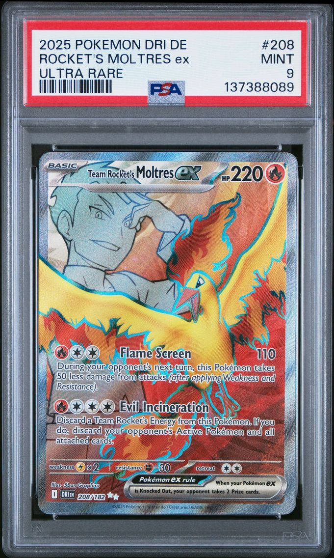 2025 #208 Team Rocket's Moltres EX PSA 9 German Dri de-Destined Rivals Pokemon