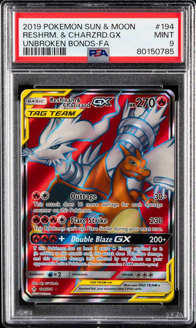 2019 #194 Full Art/Reshiram & Charizard GX PSA 9 Sun & Moon Unbroken Bonds Pokemon