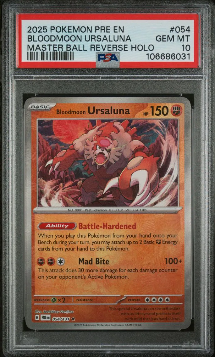 2025 #054 BLOODMOON URSALUNA PSA 10 POKEMON PRE EN-PRISMATIC EVOLUTIONS | MASTER BALL REVERSE HOLO