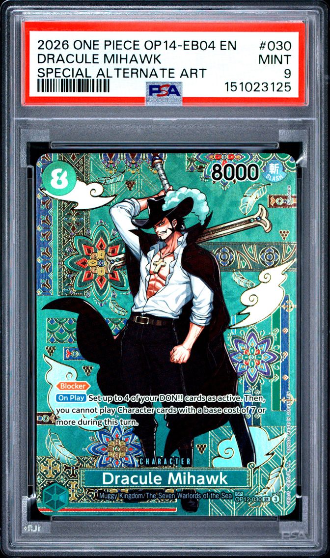 2026 #030 Dracule Mihawk PSA 9 One Piece OP14-EB04-the Azure Sea's Seven
