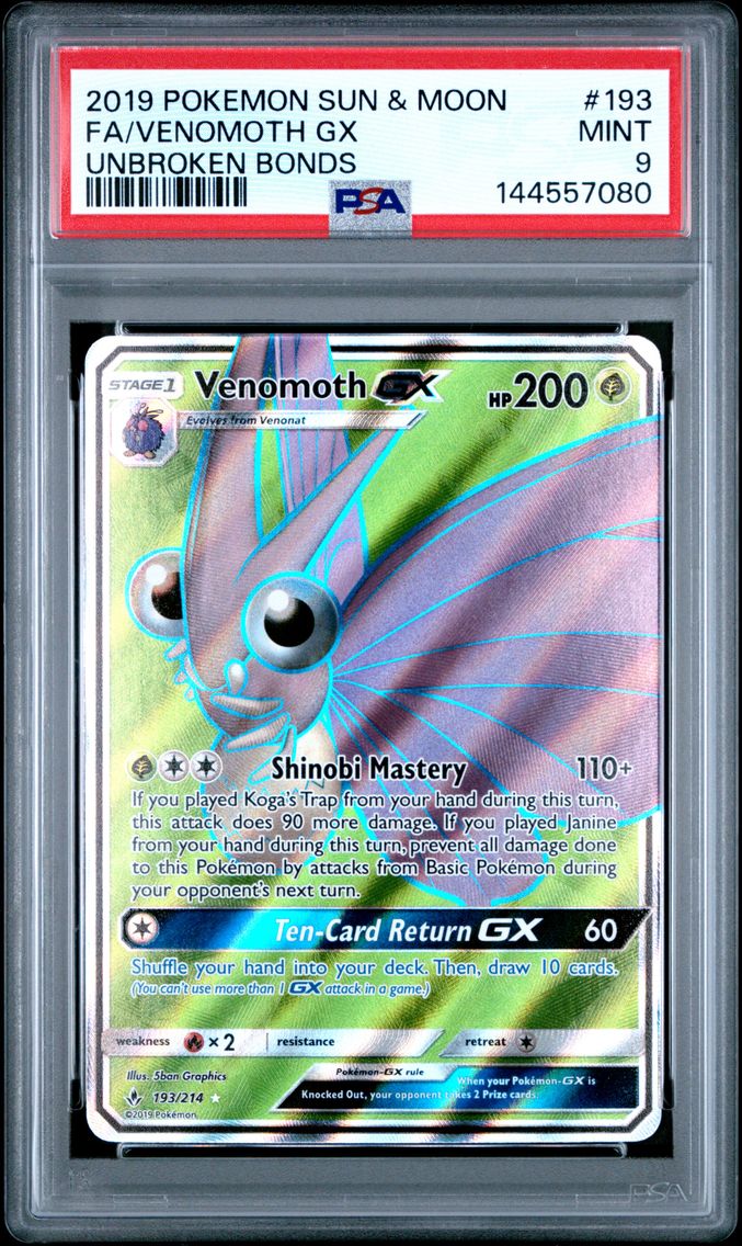 2019 #193 Full Art/Venomoth GX PSA 9 Sun & Moon Unbroken Bonds Pokemon