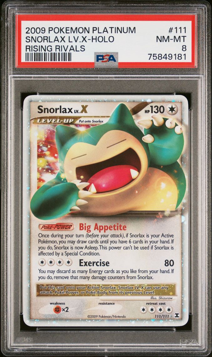 2009 #111 SNORLAX LV.X-HOLO PSA 8 PLATINUM RISING RIVALS POKEMON