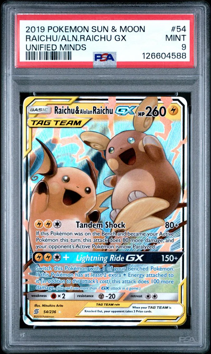 2019 #54 Raichu & Alolan Raichu GX PSA 9 Sun & Moon Unified Minds