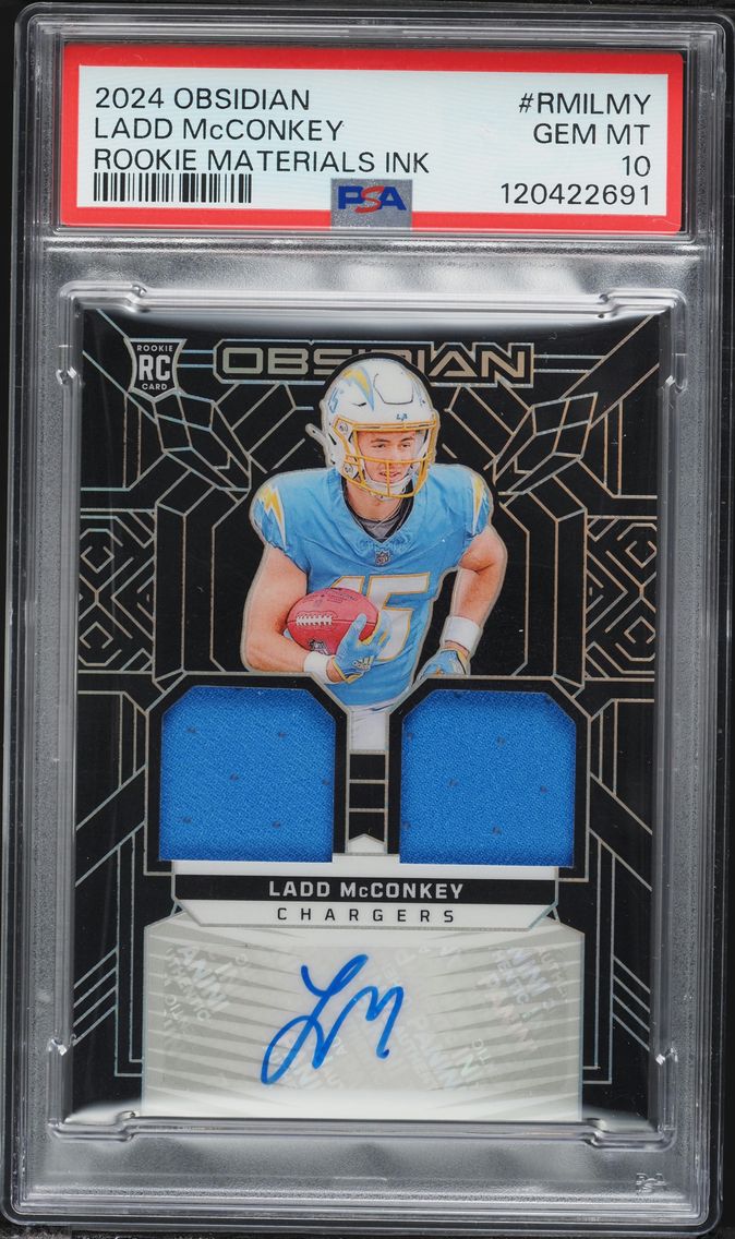 2024 #RMILMY Ladd McConkey PSA 10 Panini Obsidian Rookie Materials Ink Football